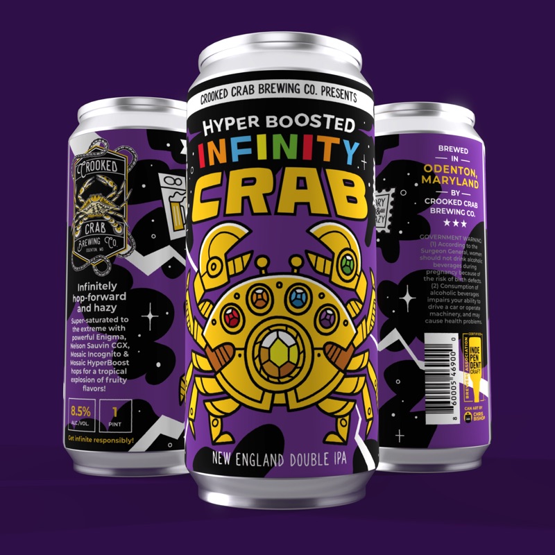 Infinity Crab Double IPA can design - cosmic themed craft beer artwork for Crooked Crab Brewing Co.