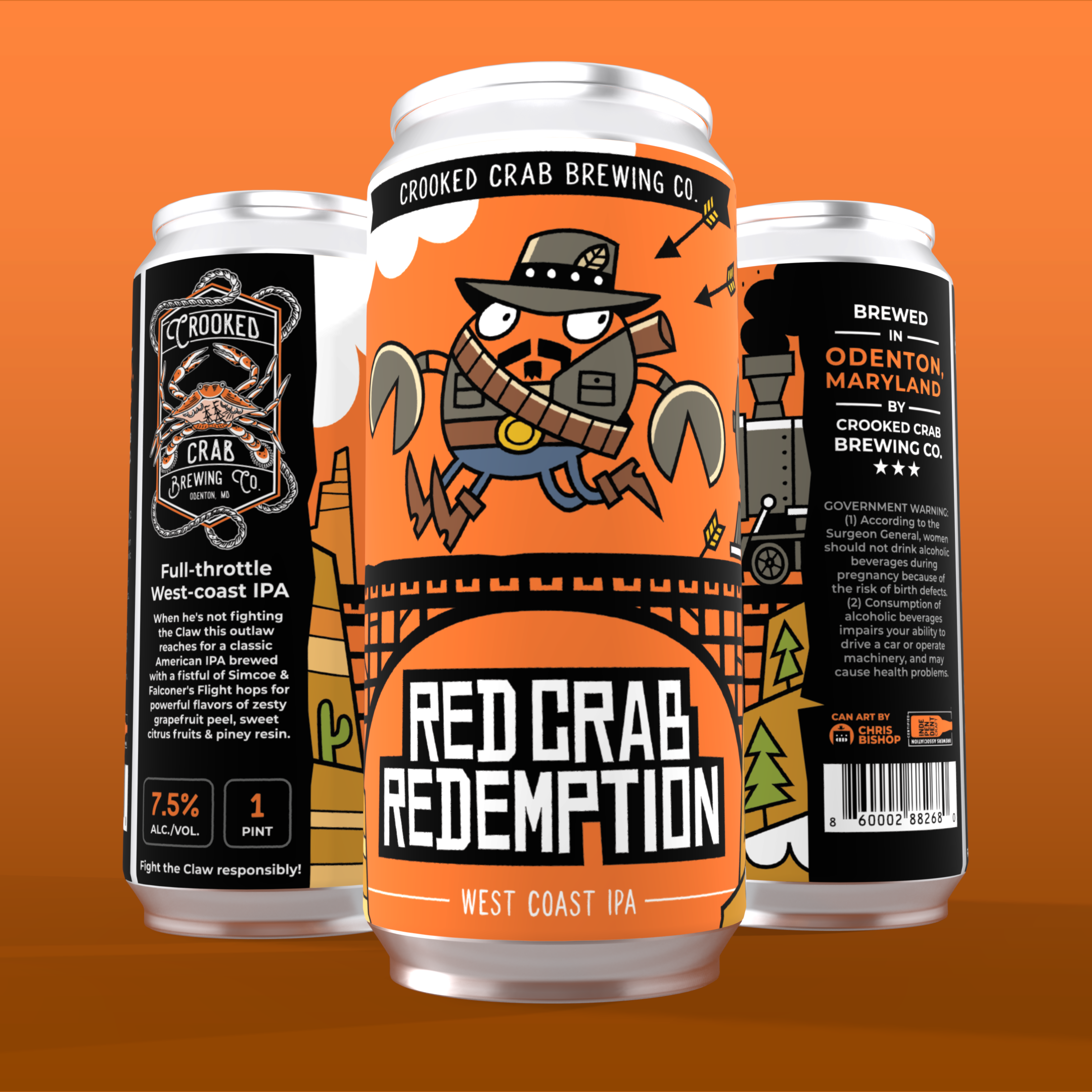 Red Crab Redemption West Coast IPA can art - bold illustrated craft beer label by Crooked Crab Brewing Co.