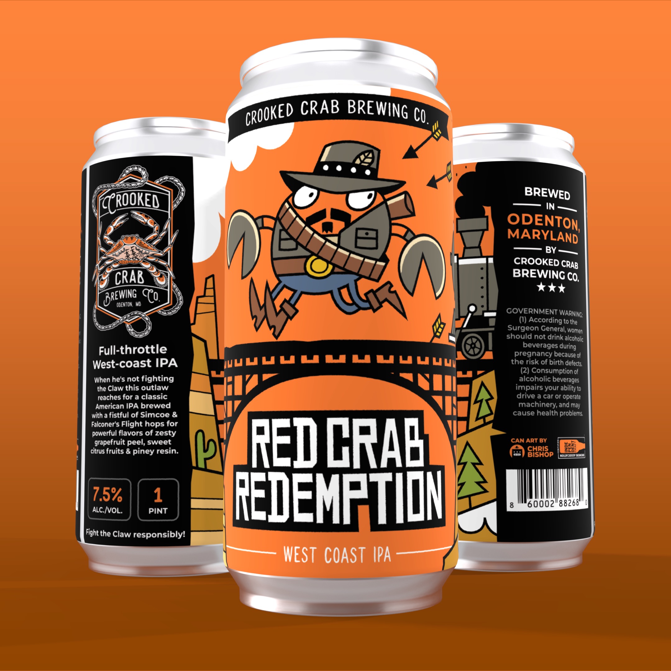 Red Crab Redemption West Coast IPA can art - bold illustrated craft beer label by Crooked Crab Brewing Co.
