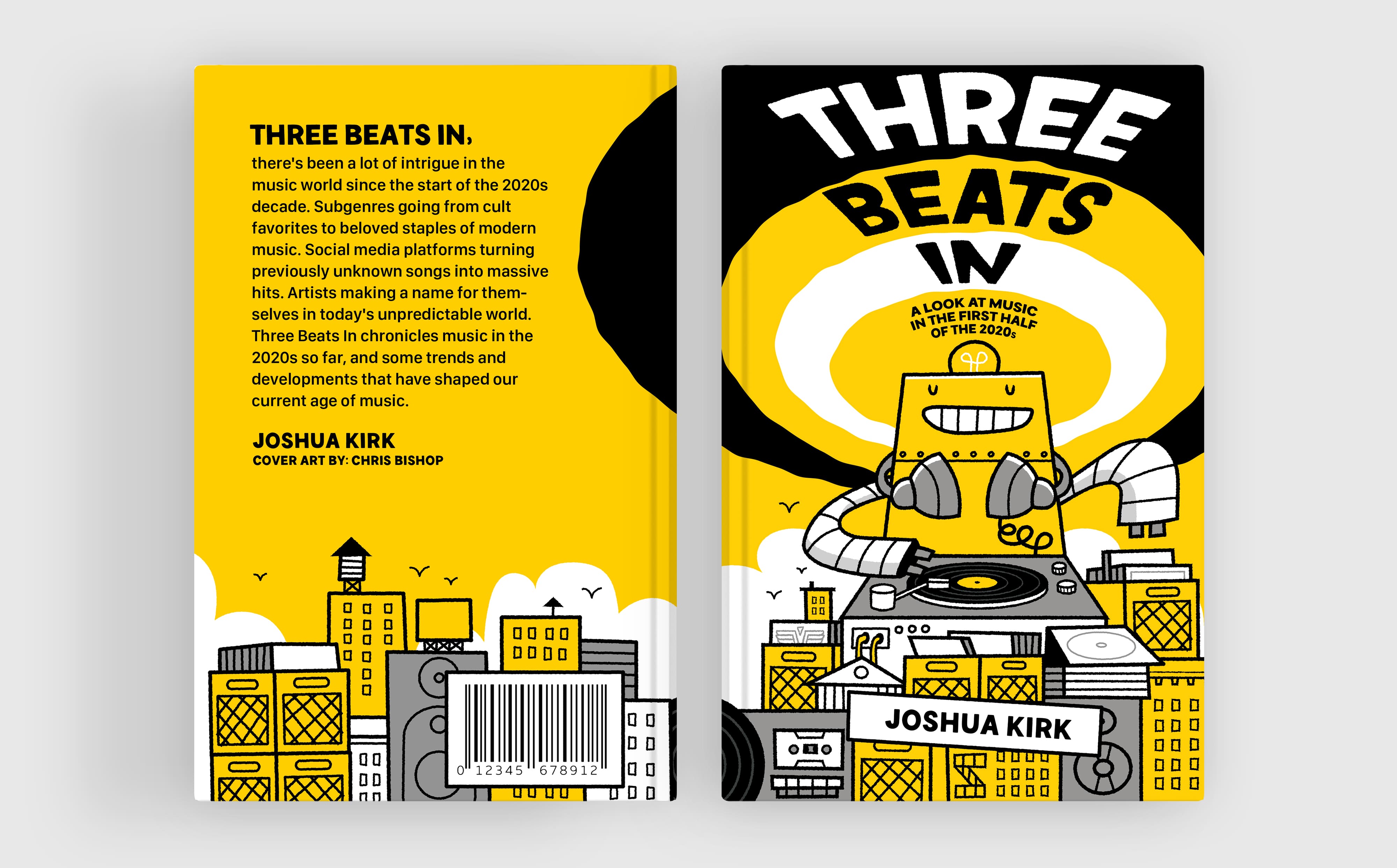 Three Beats In hardcover mockup front and back design featuring a robot DJ and bold yellow cityscape