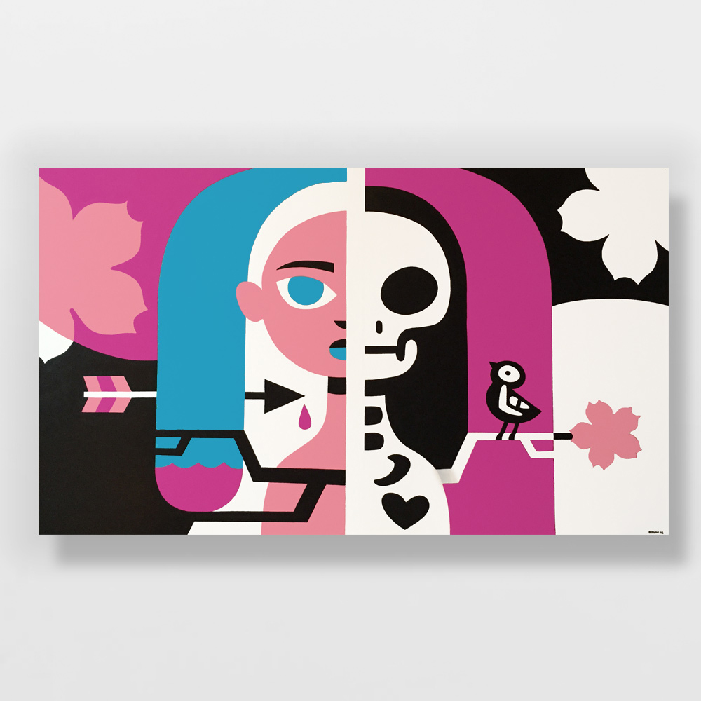 Abstract half girl half skeleton with cherry blossoms