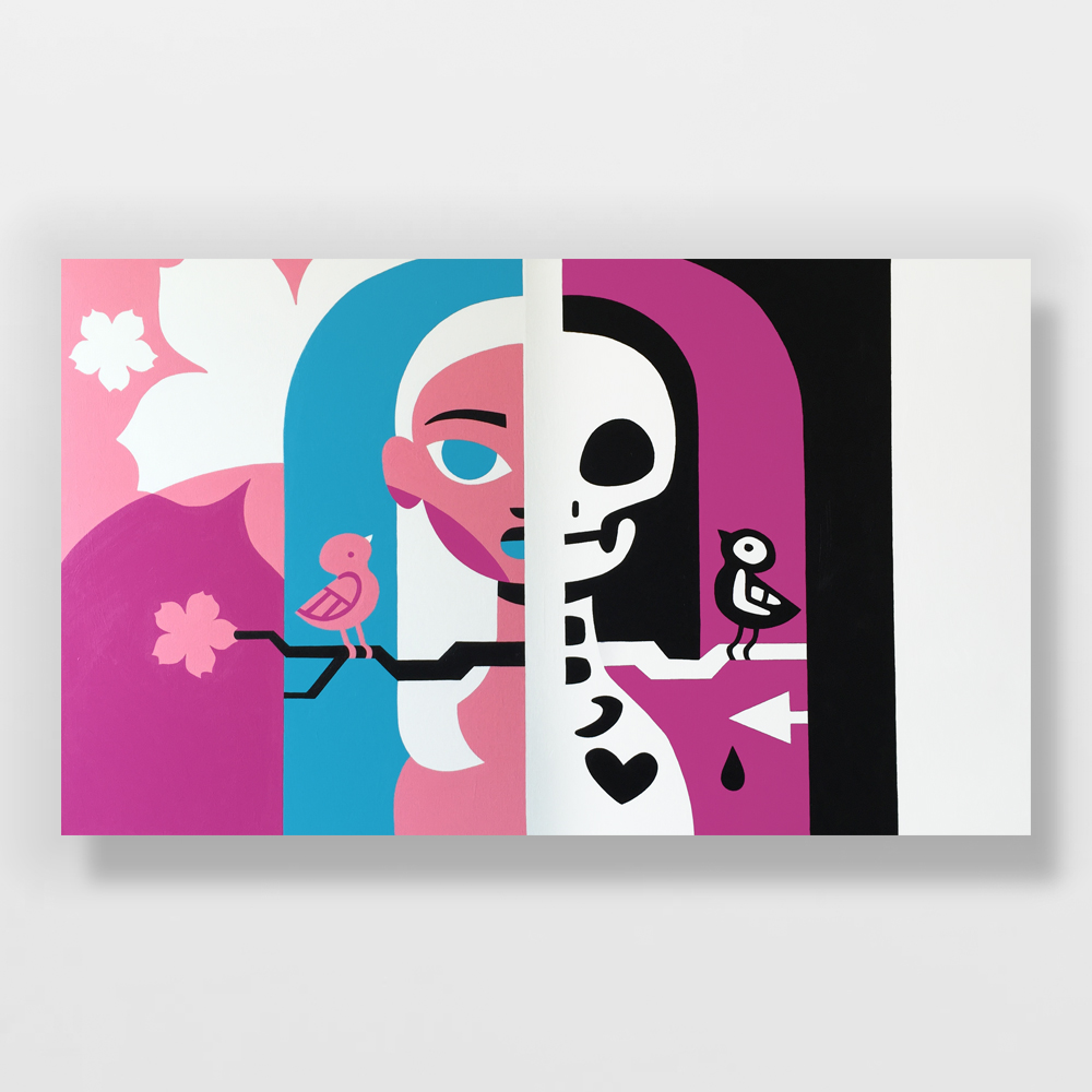 Abstract half girl half skeleton with cherry blossoms