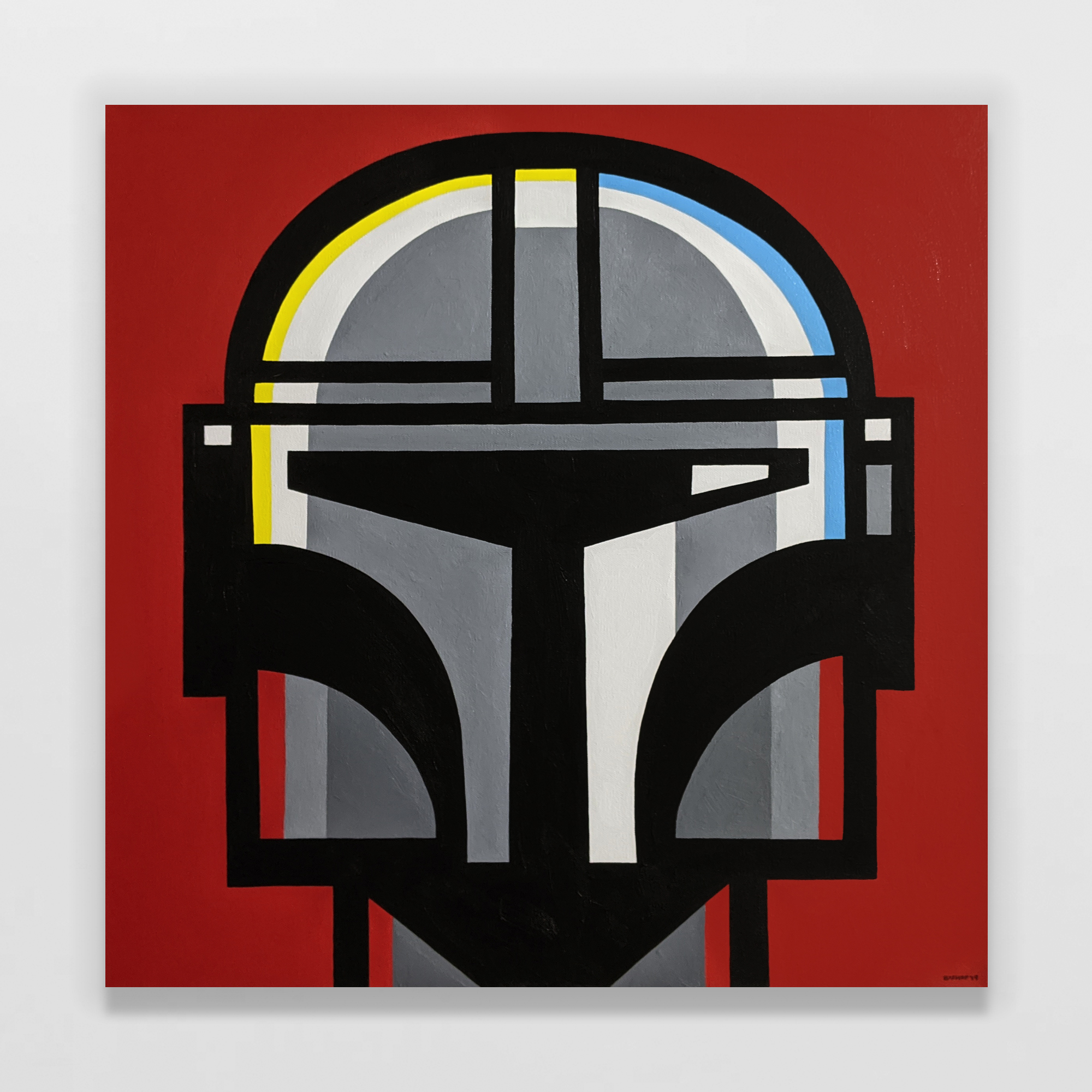 Closeup of the Mandalorian's helmet