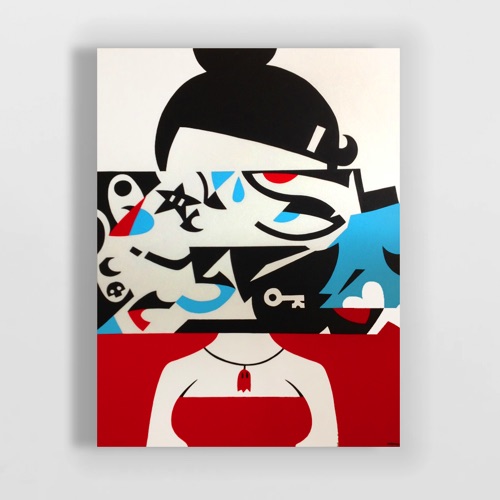 Girl with chaotic abstract forms in place of her face
