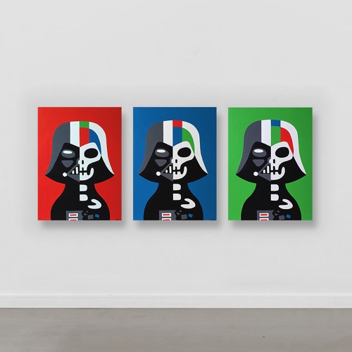 Three pop portaits of Darth Vader on different colors