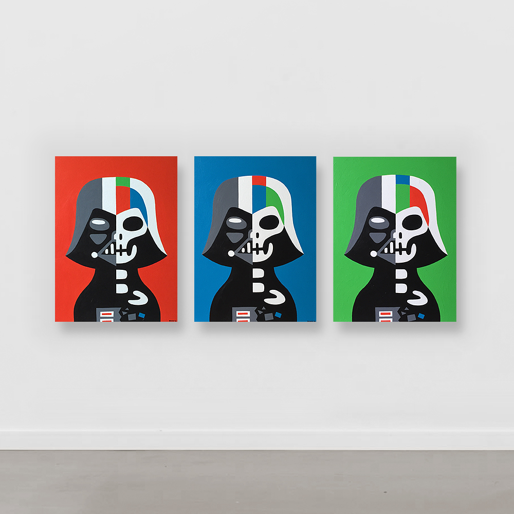 Three pop portaits of Darth Vader on different colors